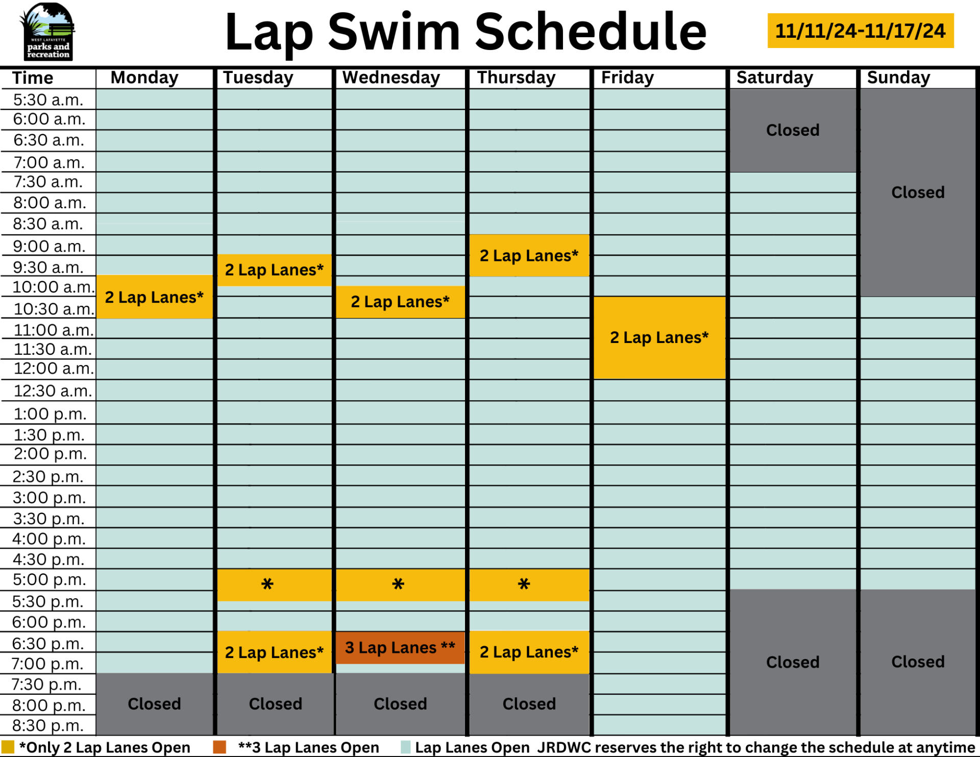 Lap Swim Schedule 11.11.24-11.17.24