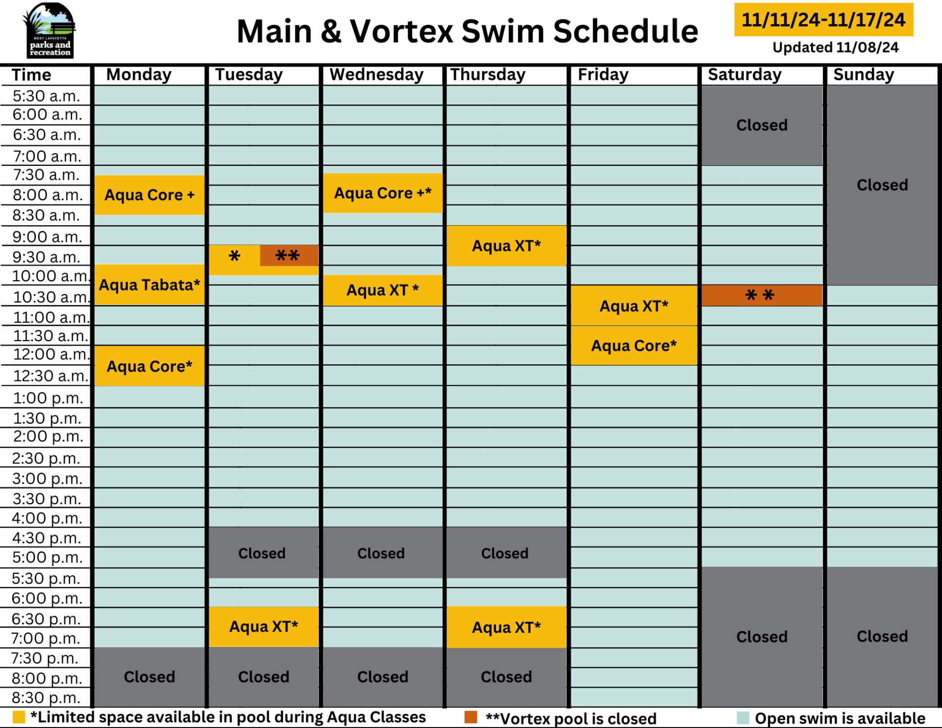 Main Swim Schedule 11.11.24-11.17.24